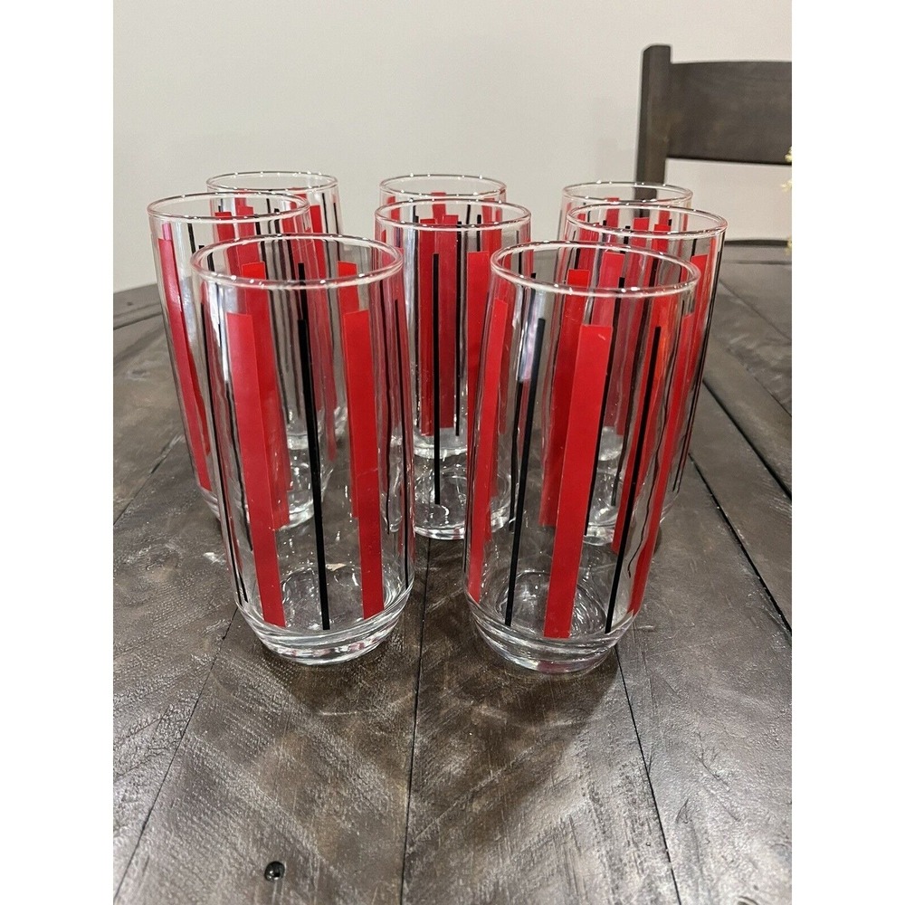 8 Vintage Anchor Hocking 12 Oz 6" Red & Black Vertical Stripes Glass Tumblers